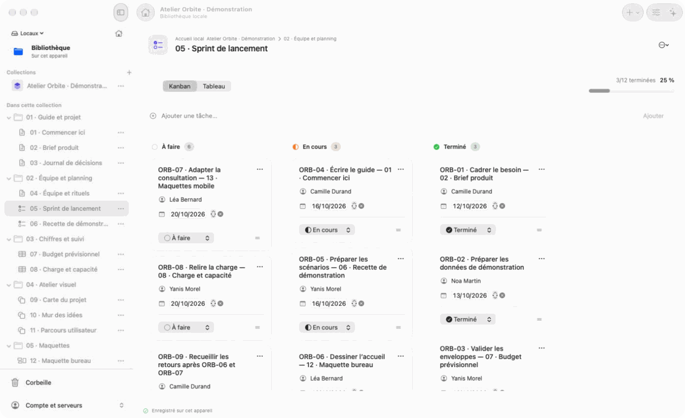 Client macOS de DmxBoard : board de démonstration « Atelier Orbite », tâches du sprint en Kanban avec responsables fictifs.