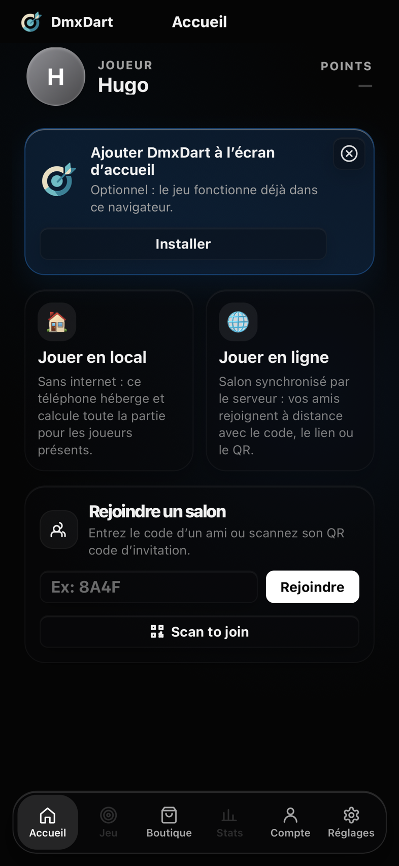 Accueil de DmxDart : jouer en local, jouer en ligne ou rejoindre un salon avec un code.