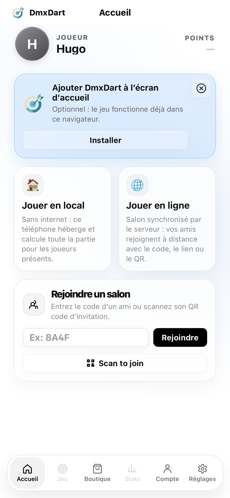 Accueil de DmxDart : jouer en local, jouer en ligne ou rejoindre un salon avec un code.