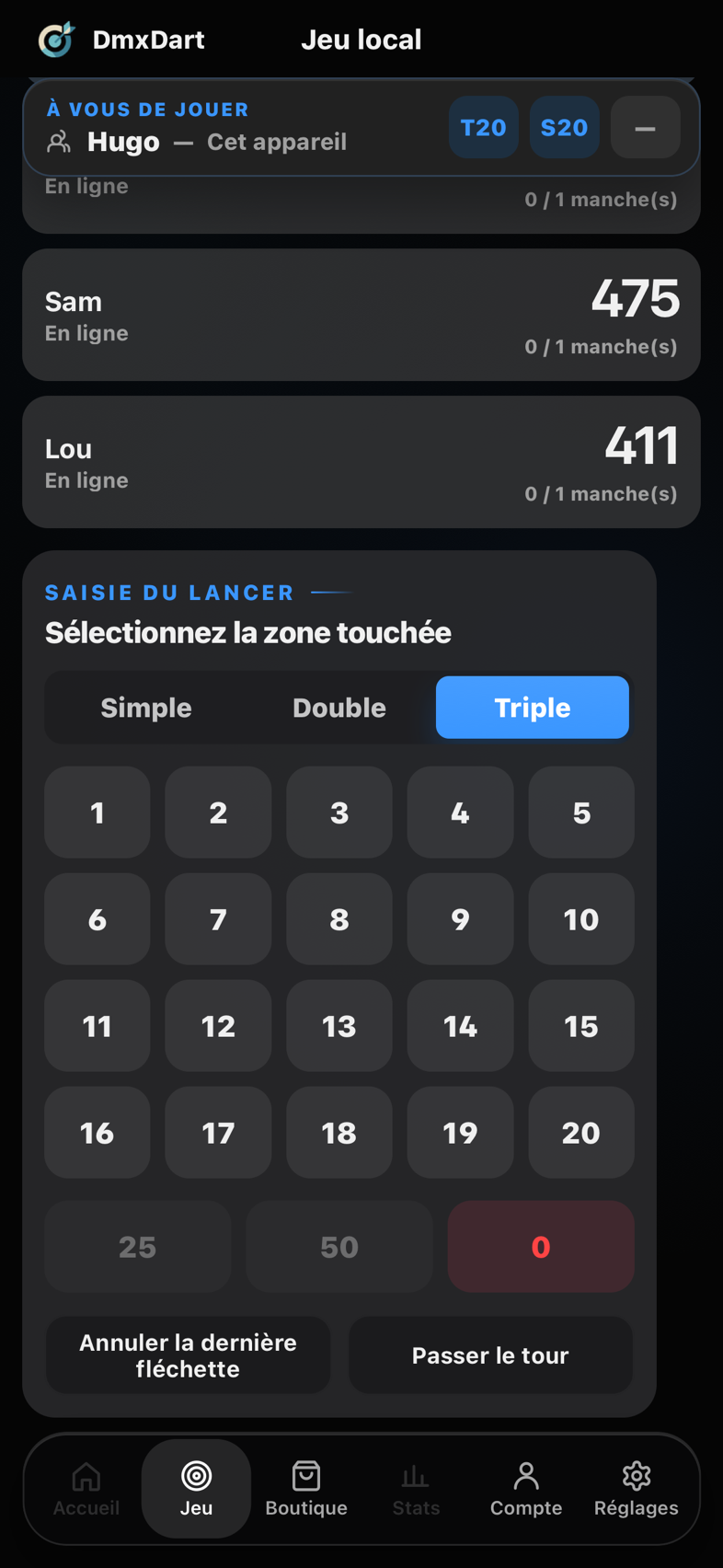 Pavé de saisie du lancer : simple, double ou triple, numéros de 1 à 20, 25, 50 et hors cible.
