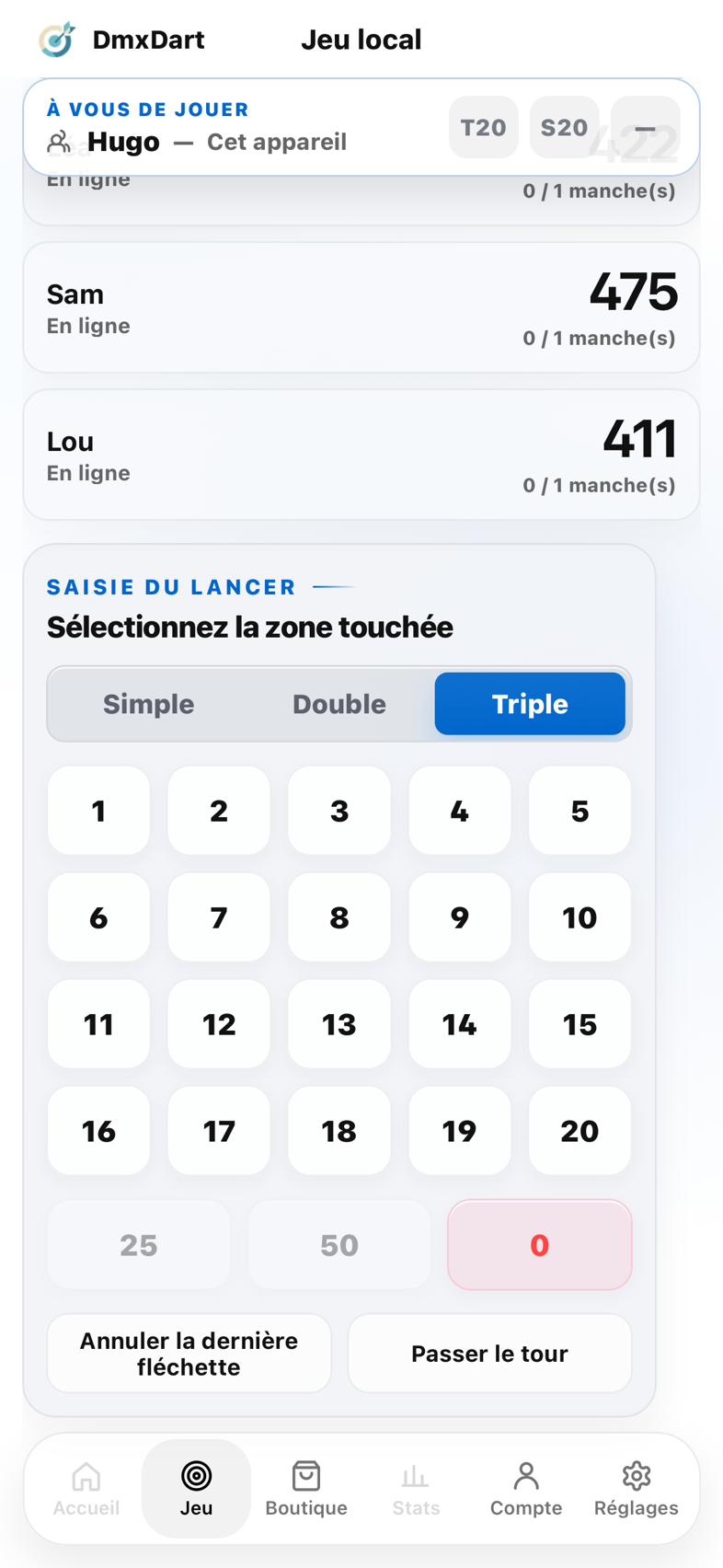 Pavé de saisie du lancer : simple, double ou triple, numéros de 1 à 20, 25, 50 et hors cible.